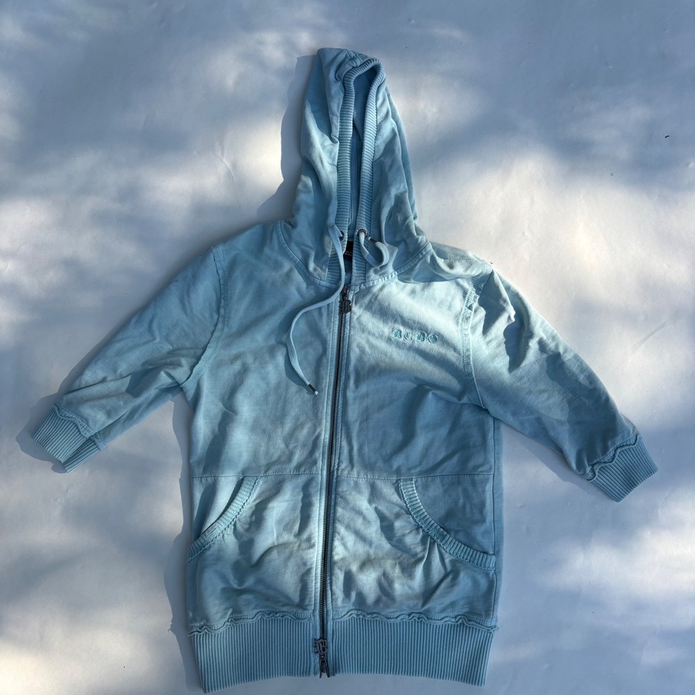 BCBG Max Azria Womens Light Blue 3/4 Sleeve Full Zip Hoodie Sweatshirt Size M